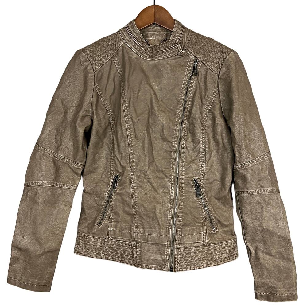 LA Coalition Vegan Leather Offset Moto Jacket Full Zip Olive - M